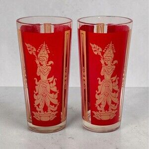 Vintage Culver Mandalay Red Siam Goddess Highball Glasses Set 2 MCM Gold 22k